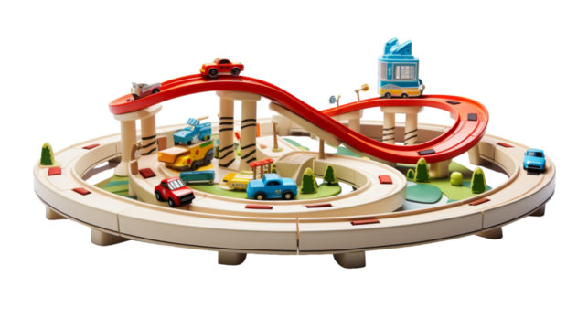 Wooden Toy Race Track With Multiple Cars and a Red Ramp