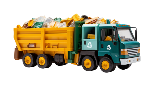 Green And Yellow Recycling Truck Toy With Full Load Of Trash