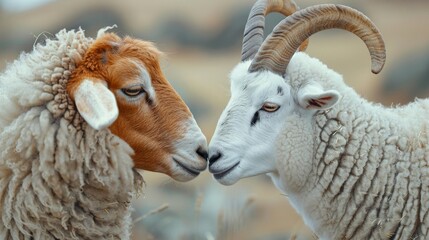 Obraz premium Two sheep are standing in a field, looking at each other. The white sheep has its head turned slightly to the right, and the brown sheep is looking at the white sheep.
