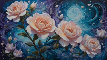 Floral illustration in space blue background, flowers and beauty wallpaper