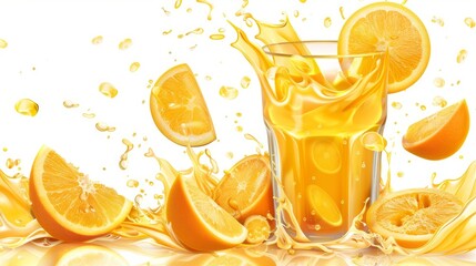 Realistic glass of juice with orange splashing for banner design