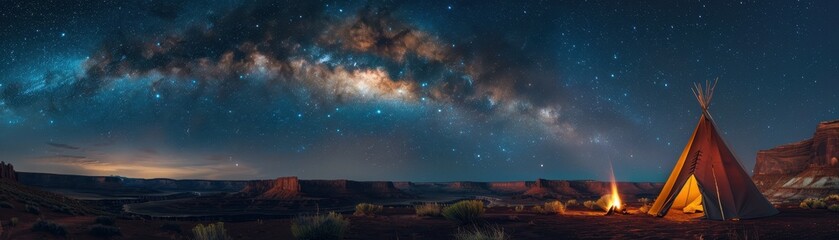 Milky Way Night Sky Over Canyon with Teepee and Campfire