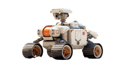 Futuristic White and Orange Rover With Tracks and Camera