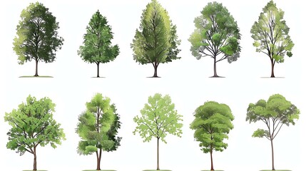 A set of ten detailed vector tree illustrations. The trees are of various types and are all in full bloom.