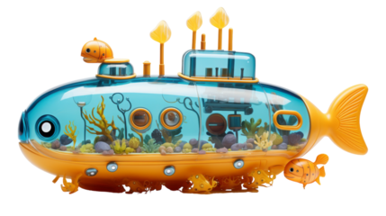 Yellow and Blue Submarine Toy With Fish and Seaweed Decorations