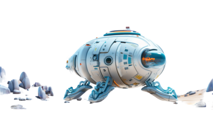 White Futuristic Spaceship Hovering Over a Desert Landscape