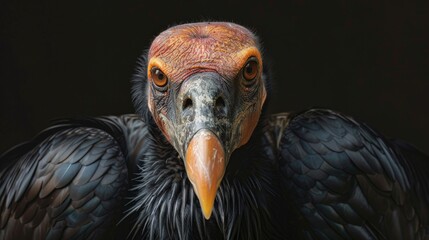 The image shows a close up of a vulture with a dark background. The vulture is looking at the camera with its head turned slightly to the side.