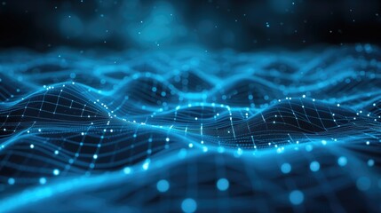 Abstract Digital Waveform with Grid and Dots in Futuristic Blue Light Background.