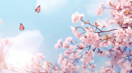 Pink sakura flowers in sunlight. Branches of blossoming cherry against background of blue sky and fluttering butterflies in spring. Elegant romantic image of spring nature, copy space.
