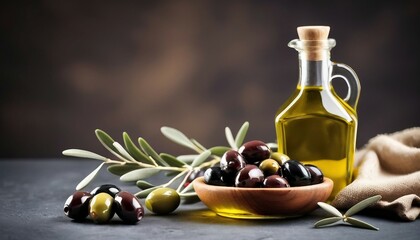 a bottle of olive oil and olives, copy space for text,  ad shot