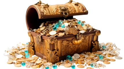 Ornate Wooden Treasure Chest Overflowing With Gold Coins and Jewels