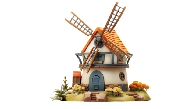 Detailed Miniature Windmill Model With Orange Roof and Green Plants