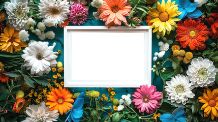 Fototapeta premium Colorful floral arrangement surrounding a blank white frame on a blue background, featuring flowers in white, pink, orange, yellow, and blue