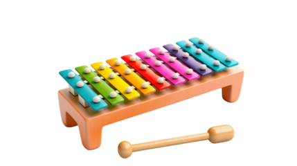 Colorful Wooden Xylophone With Mallet Isolated on White Background