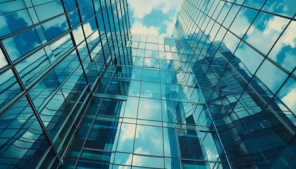 Obraz premium Beautiful view high office building with glass mirrored walls construction