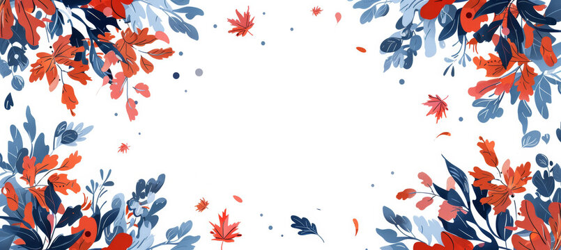 Watercolor illustration of blue and red foliage arranged in a frame on a white background, featuring vibrant leaves