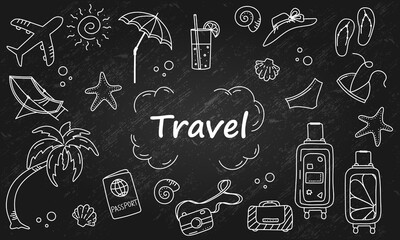 White Travel Doodles Set on a Blackboard, Icons Vacation, Texture Background, Concept, Hand Drawn, Outline, Sketch, Summer, Palm, Umbrella, Airplane, Hat, Bagage, Sun, Drink