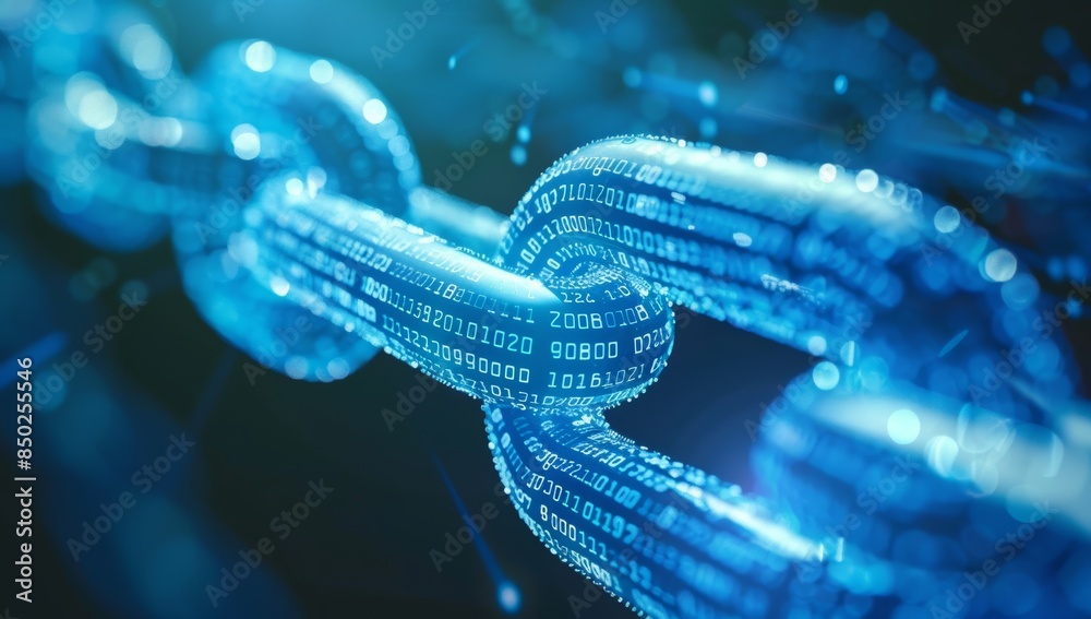 Fototapete Blue digital chain symbolizing blockchain technology, with glowing data points representing various virtual blocks connected together in unbroken line, creating intricate background. block, network.