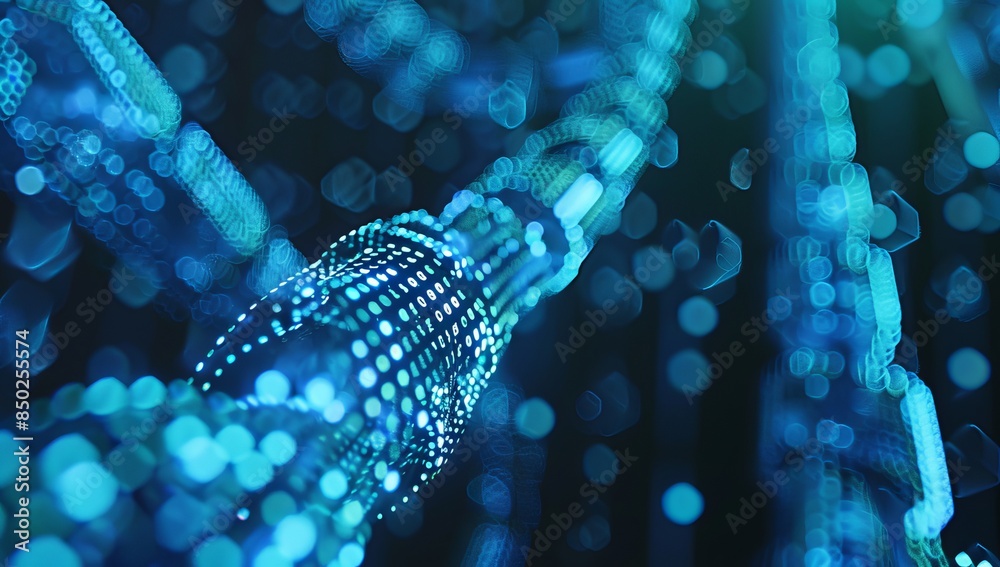 Poster blue digital chain symbolizing blockchain technology, with glowing data points representing various 