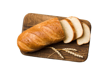 Freshly baked bread slices on cutting board isolated on white background . top view Sliced bread