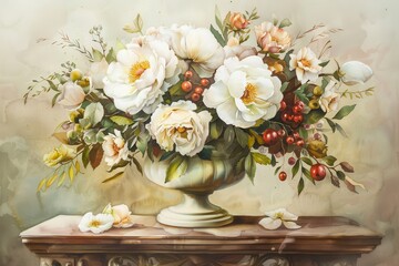 Beautiful vintage-style watercolor painting of white roses and flowers in a vase, perfect for elegant home decor.