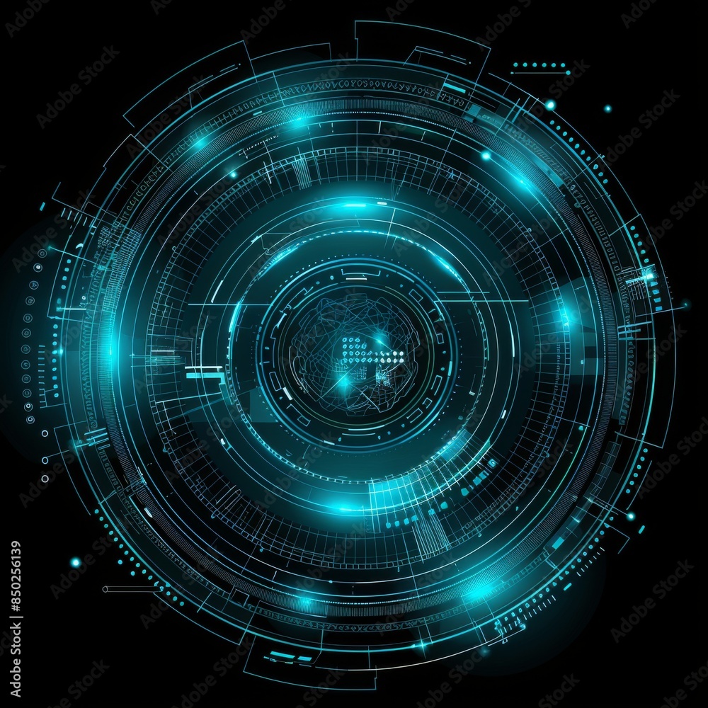 Poster a futuristic digital circular interface with glowing blue lines and holographic elements, representi