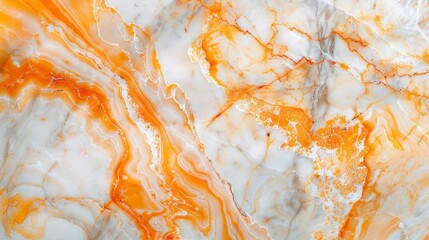 Detailed photo of natural marble stone displaying vivid orange and white veining The marbles surface is polished to a high gloss