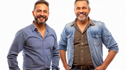 Smiling Middle-aged Men in Casual Outfits on White Background. Two Friends Posing Together. Perfect for Lifestyle or Fashion Photography. Bright and Positive Portrait. AI