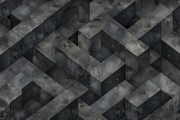 Dark geometric abstract background with a seamless pattern of interlocking concrete blocks creating a three-dimensional illusion and texture.