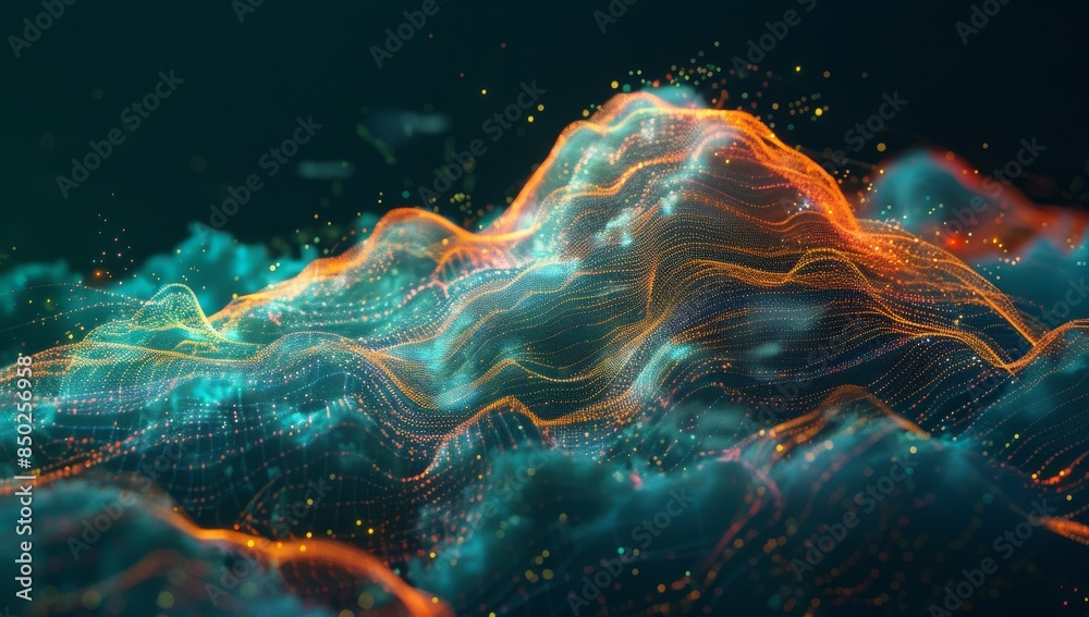 Poster digital cloud with glowing data particles floating in the dark sky, symbolizing advanced technology 