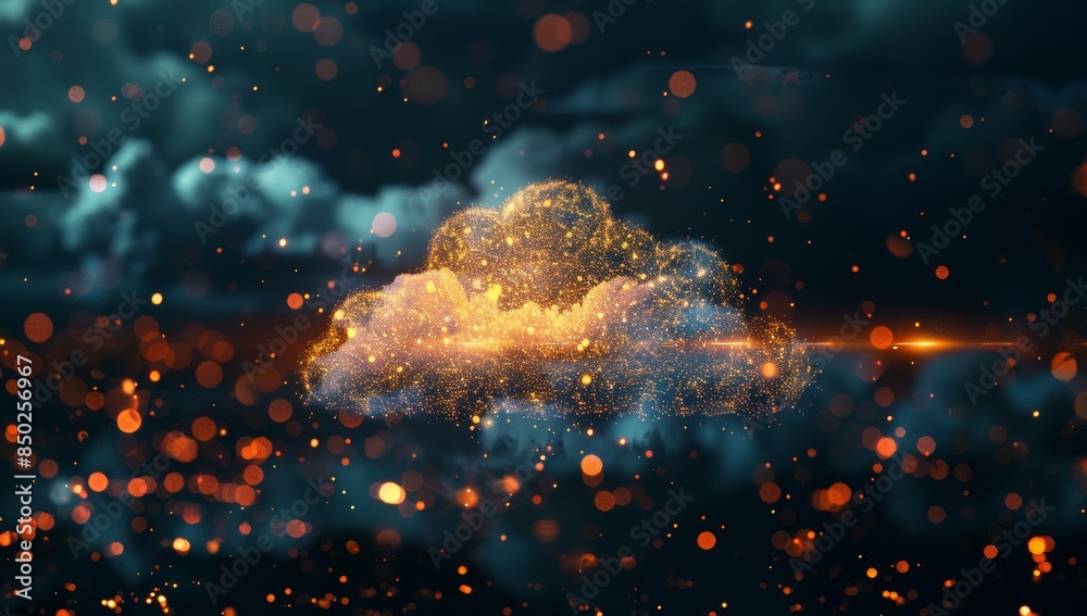 Poster digital cloud with glowing data particles floating in the dark sky, symbolizing advanced technology 
