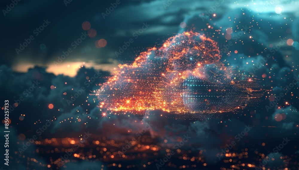 Poster digital cloud with glowing data particles floating in the dark sky, symbolizing advanced technology 