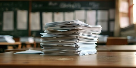 Blurry stack of exam papers on office table in classroom setting. Concept Classroom Setting, Exam Papers, Office Table, Blurry Stack, Education
