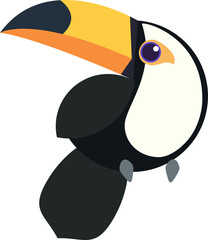 A colorful hand-drawn clipart of a toucan with exotic leaves in jungle. Bird character illustration, transparent, png
