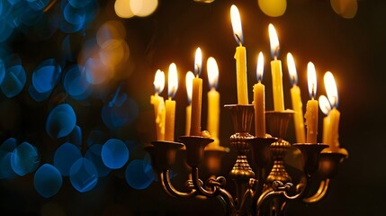 Hanukkah menorah with candles on table against blurred lights.
