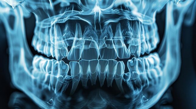 Highresolution Xray of a human jaw, showing the detailed bone structure of the mandible and maxilla The image provides a clear view of the teeth and the alignment of the jawbones