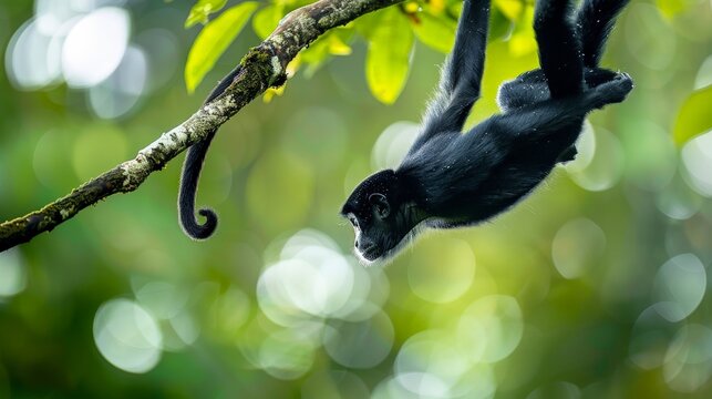 Mono arana de Geoffroy balanceandose en una rama en la selva.