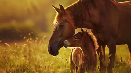 Naklejka premium The image shows a beautiful mare and her foal in a lush green field