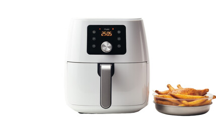 White Air Fryer With Digital Timer Display and Crispy French Fries: A White Air Fryer With a Digital Timer Display Showing 25