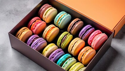 colorful souvenir macarons in a box, decorative background, copy space for text, ad shot
