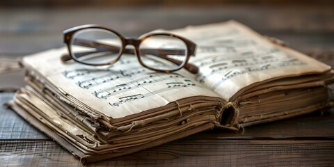 Vintage carol songbooks musical notes and spectacles on an oak table. Concept Vintage, Carol Songbooks, Musical Notes, Spectacles, Oak Table