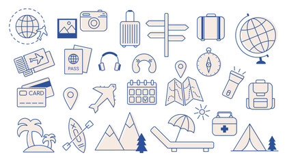 Set of travel elements. Collection of summer vacation trip at sea, beach vacation, summer vacation, journey. Active tourism icons for tour, camping providers, summer camp, trip, journey abroad.