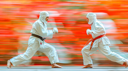 Naklejka premium Two karate fighters showing incredible speed and agility during kumite match