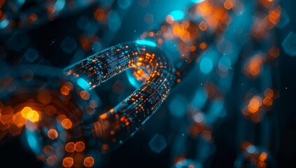 A closeup of an abstract digital chain, symbolizing the energy and flow in blockchain technology. The background is a dark blue with orange lights to highlight details on each link of the chain.