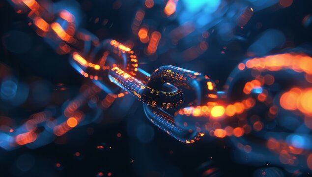 A closeup of an abstract digital chain, symbolizing the energy and flow in blockchain technology. The background is a dark blue with orange lights to highlight details on each link of the chain.