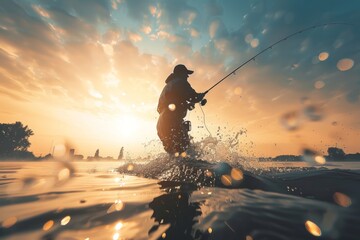 Fisherman silhouetted against a stunning sunset, capturing the dynamic action of fishing on a serene lake, highlighting outdoor recreation, Generative AI