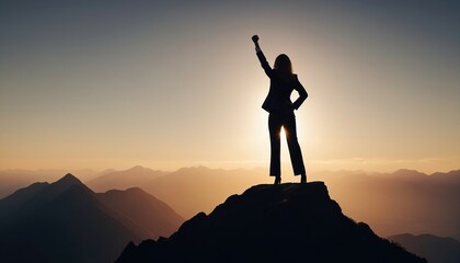 silhouette of a business women in a suit standing on a high mountain peak with one hand raised in a fist, over clouds, little pinky and glossy sunset view, back view