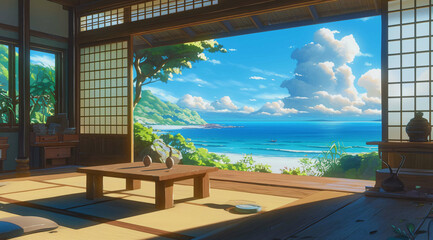 background Traditional Japanese Room with Ocean View - Generative AI