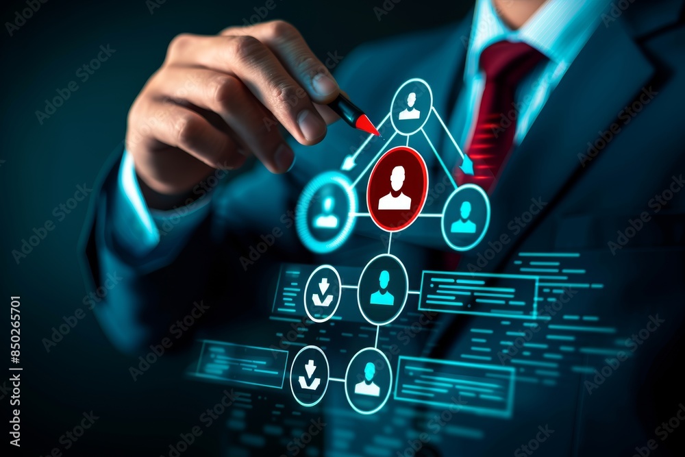 Poster Businessman selecting a node in a digital organizational chart, highlighting corporate structure and management hierarchy in a high-tech setting, Generative AI
