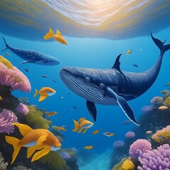Naklejka premium 고래와 열대 물고기들